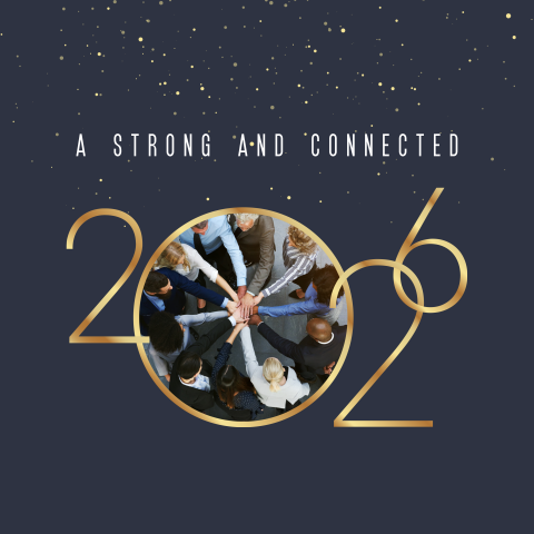 Connected 2026 kerstkaart zakelijk met jaartal en foto