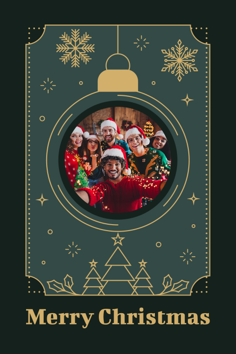 Zakelijke kerstkaart met kader, sneeuwvlokken en eigen bedrijfsfoto