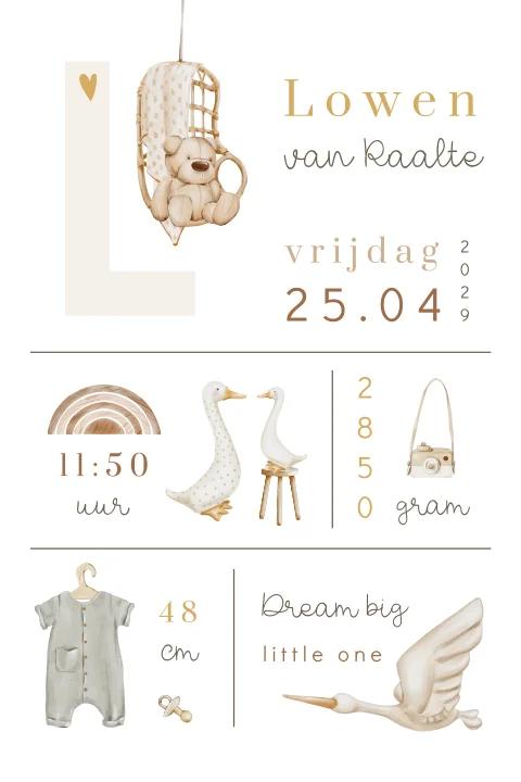 Neutraal geboortekaartje met voorletter en dieren