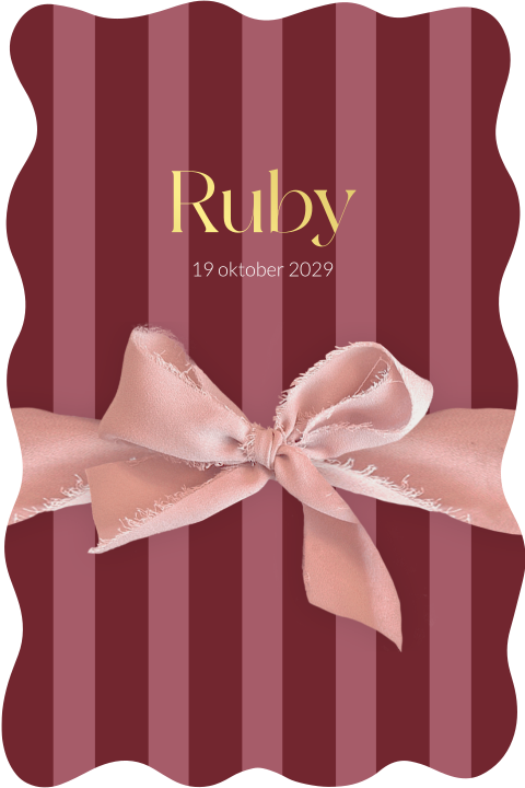 Geboortekaartje voor een meisje met strepen, golvende rand en strik