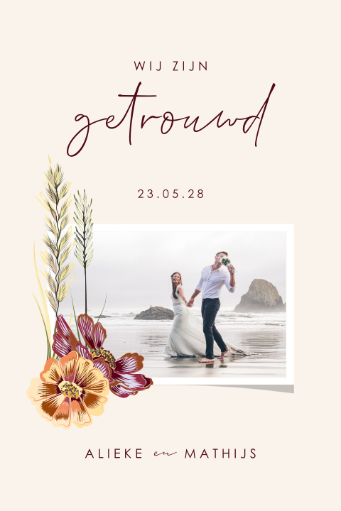 Wij zijn getrouwd kaart met foto en droogbloemen