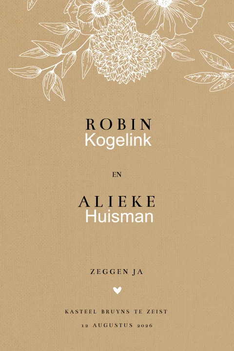 Vintage trouwkaart met linnen en bloemen