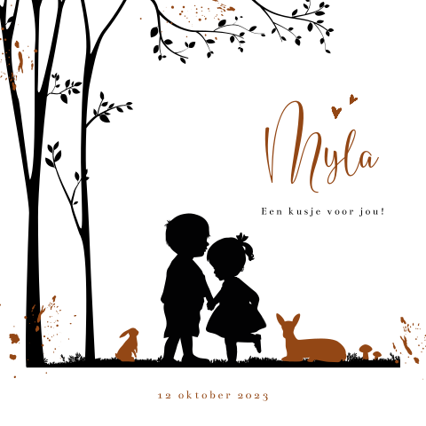 Herfst silhouet kaartje grote broer geeft zusje een kusje