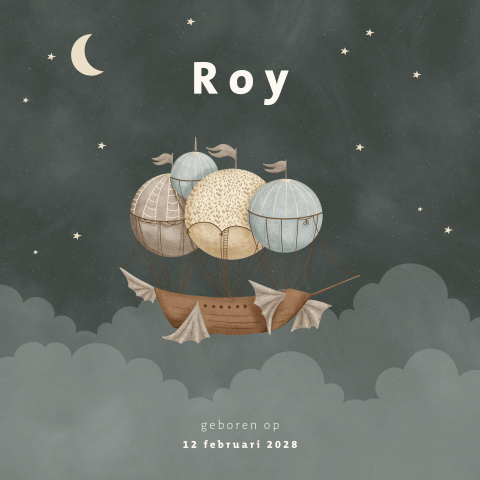 Fantasy geboortekaartje voor een jongen met schip en sterrenhemel