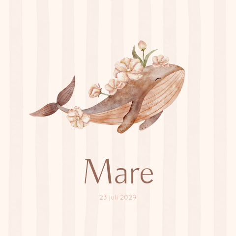 Geboortekaartje voor een meisje met walvis met bloemen