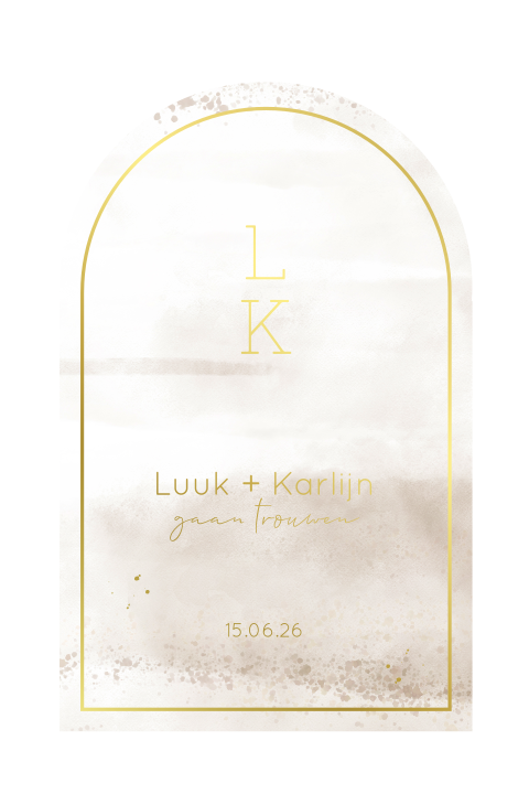 Een chique trouwkaart met een kader en echt goudfolie