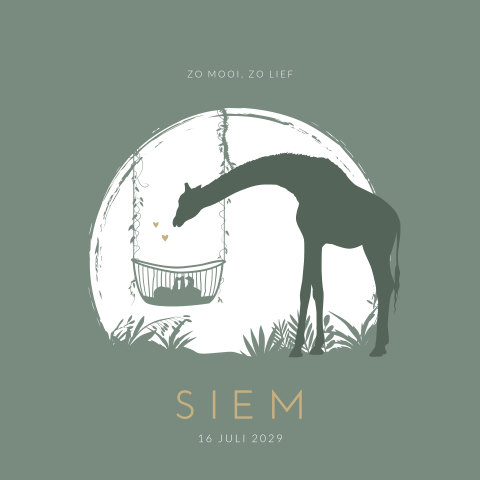 Jungle silhouet babykaartje voor een jongen in wieg met giraffe