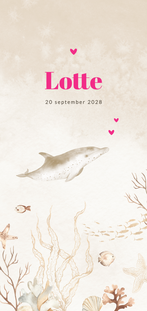 Meisjes geboortekaartje met dolfijn in zee