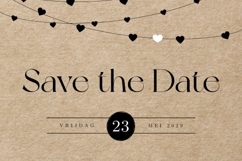 Kraft look Save the Date kaart met hartjes slinger en handlettering