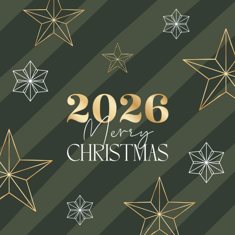 Goudlook zakelijke kerstkaart met jaartal 2026 en kerststerren