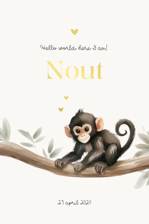 Jongen geboortekaartje met een aapje op een tak en foliedruk