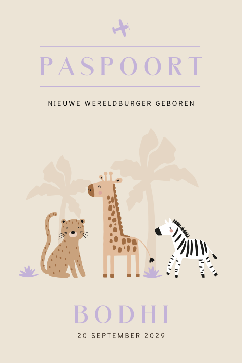 Unisex paspoort geboortekaartje met safari dieren