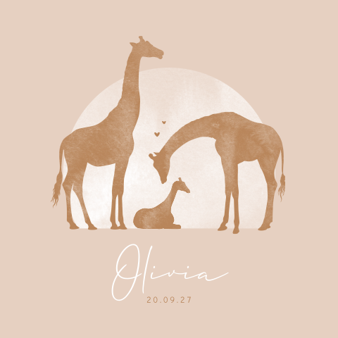 Giraffe gezin geboortekaartje voor een meisje met silhouet en hartjes