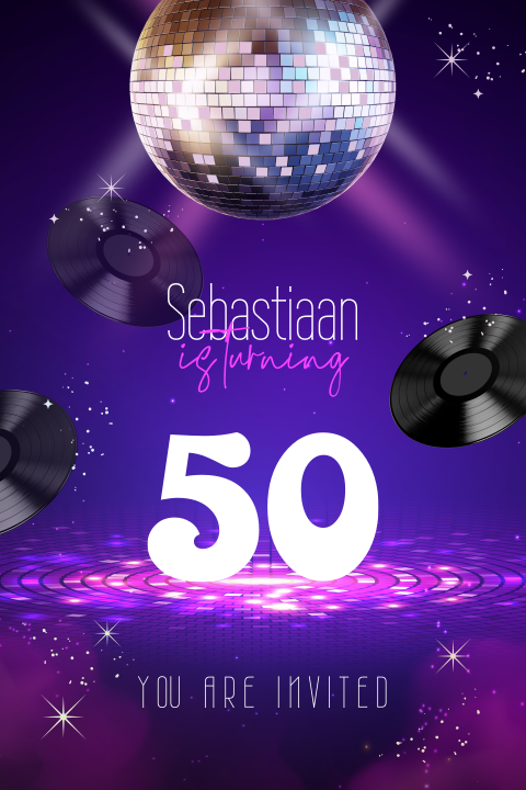 Verjaardag uitnodiging 50 jaar met disco, dansvloer en vinyl platen