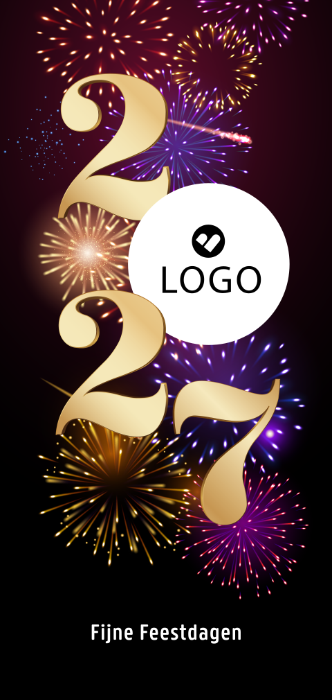 Kerstkaart zakelijk 2027 met vuurwerk, logo en goudlook