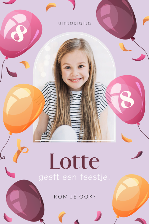 Uitnodiging kinderfeestje voor een meisje met foto en confetti