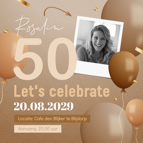 Sarah uitnodiging met foto, ballonnen en confetti