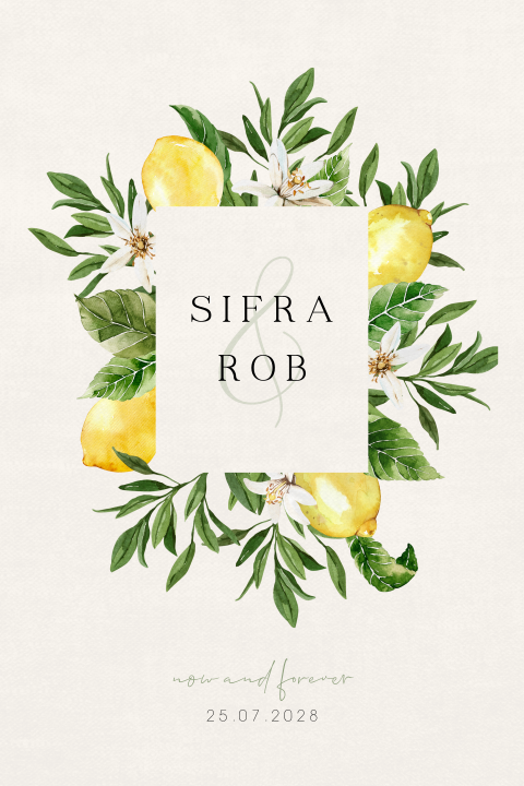 Sierlijke trouwkaart met citrusvruchten, citroenen en bloemen