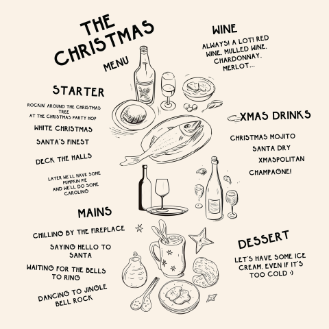 Typografische kerstkaart met kerstmenu en leuke illustraties