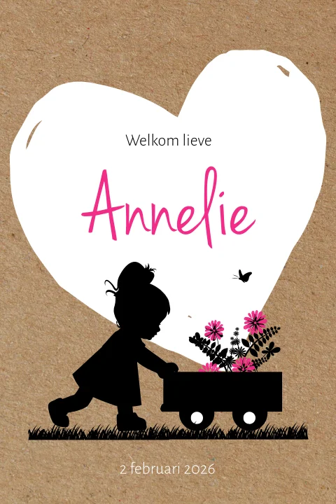 Karton look meisjeskaartje met silhouet en groot hart