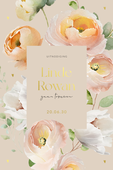 Romantische trouwkaart met aquarel bloemen en hartjes in goudfolie
