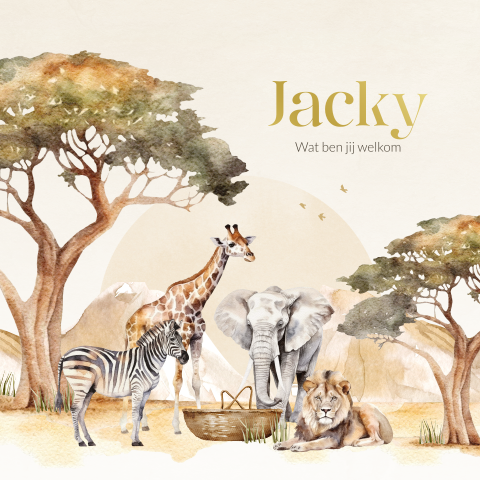Unisex geboortekaartje met safaridieren rondom een mandje