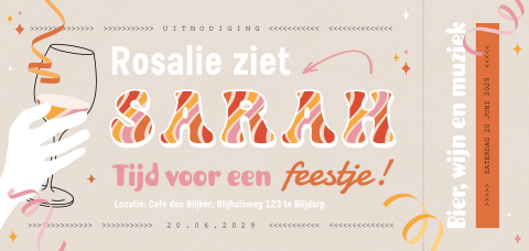 Feestelijke Sarah ticket uitnodiging in retro stijl