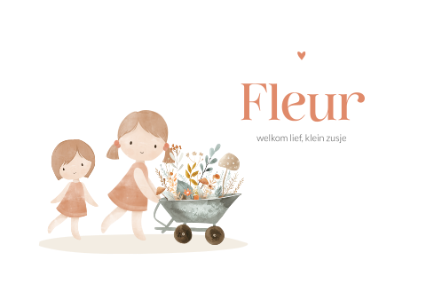 Geboortekaartje voor een meisje met zusjes en een kruiwagen