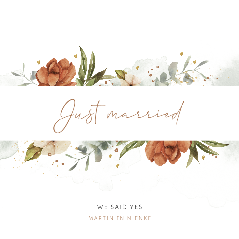Just married kaart met aquarel bloemen