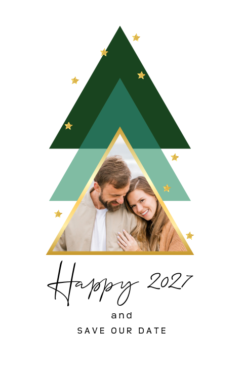Rondhoek Save the Date kerstkaart met foto in kerstboom
