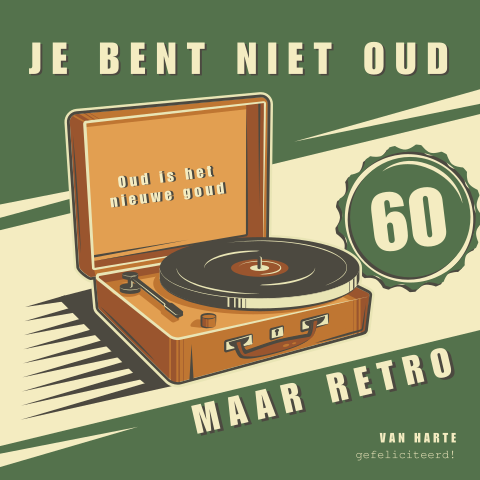Felicitatiekaart met retro platenspeler en aanpasbare leeftijd