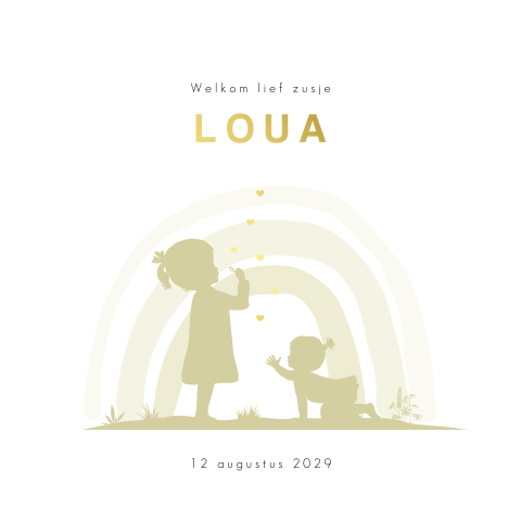 Goudfolie silhouet kaartje twee zusjes met bellenblaas en regenboog