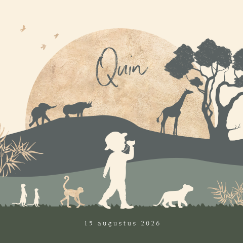 Jongetje op safari silhouet geboortekaartje
