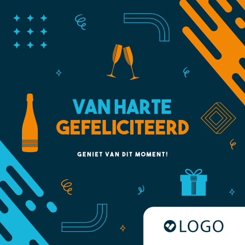 Felicitatie wenskaart zakelijk met confetti, cadeau en champagne