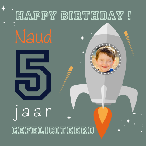 Felicitatiekaart jongen 5 jaar met raket en foto