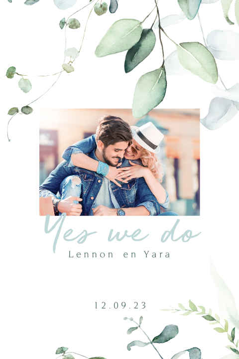 Foto trouwkaart Floral and Blue met blaadjes en takjes