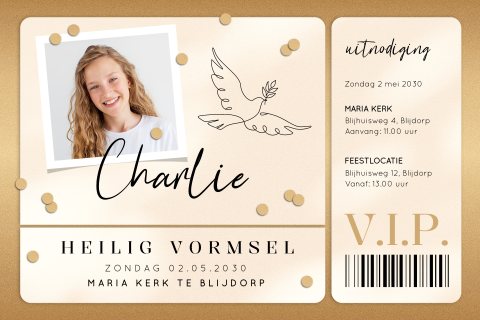 Ticket uitnodiging vormsel met eigen foto
