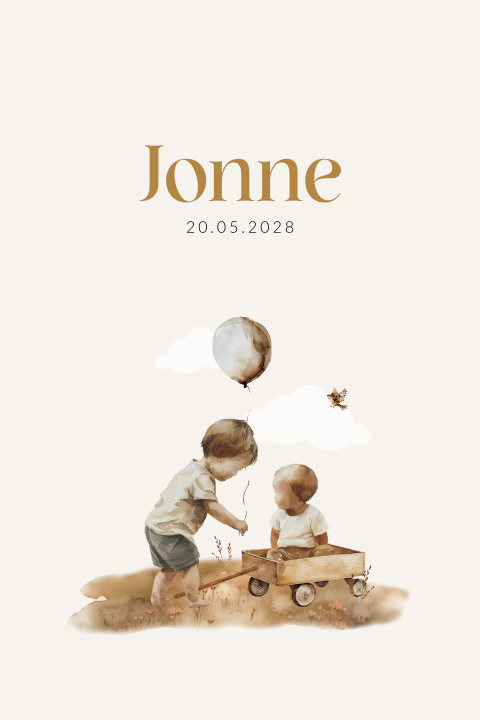 Getekend broertje geboortekaartje jongen in kar met ballon