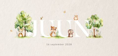 Geboortekaartje bosdieren unisex met eekhoorn, konijn, egel en uil