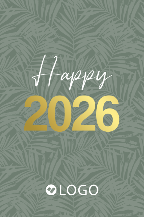 Klein zakelijk kaartje met botanische print, Happy 2026 en goudfolie