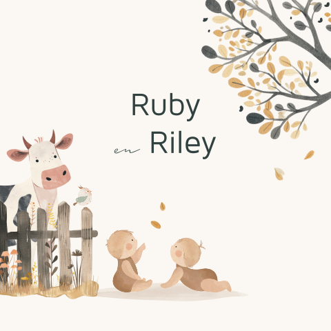 Herfst tweeling geboortekaartje met twee baby's en koe