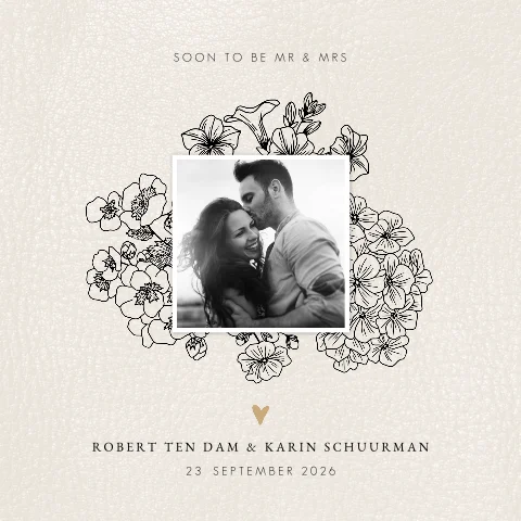 Romantische trouwkaart met bloemen en foto