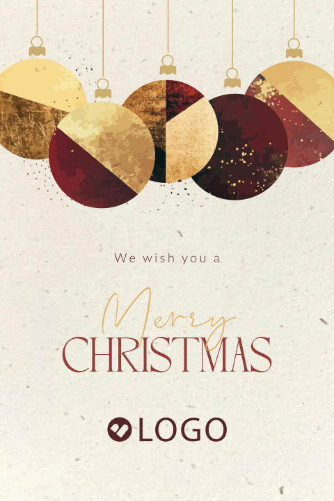 Duurzame zakelijke kerstkaart met kerstballen in goudlook