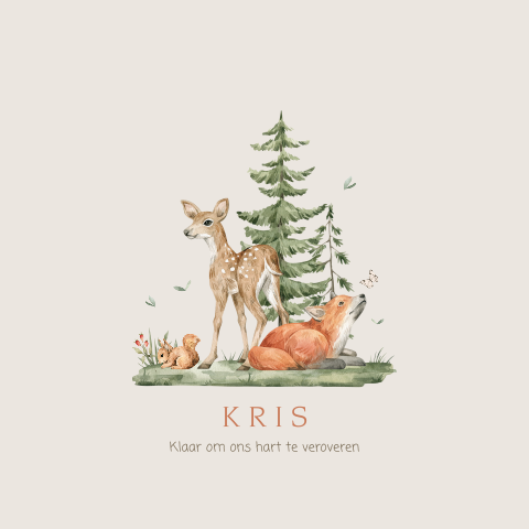 Neutraal herfst geboortekaartje met lieve bosdieren