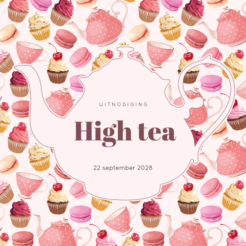 Theepot, cupcakes en macarons high tea uitnodiging