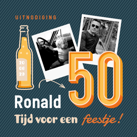 Retro Abraham uitnodiging met bierfles en eigen foto's