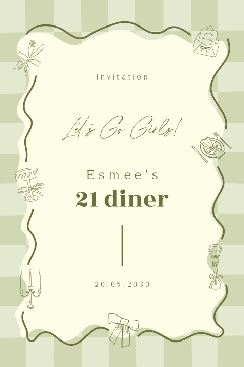 Uitnodiging 21 diner met blokjespatroon en illustraties van een diner