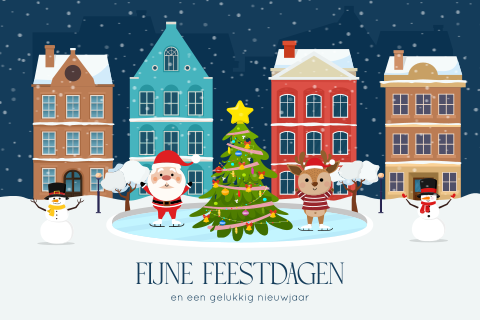 Kerstkaart met besneeuwde huisjes, kerstman, rendier en sneeuwpop