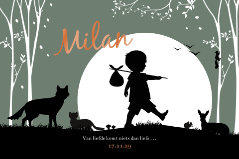 Herfst silhouet kaartje jongen met knapzak en hoogglans