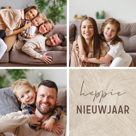 Moderne kerstkaart met fotocollage en tekst Heppie nieuwjaar
